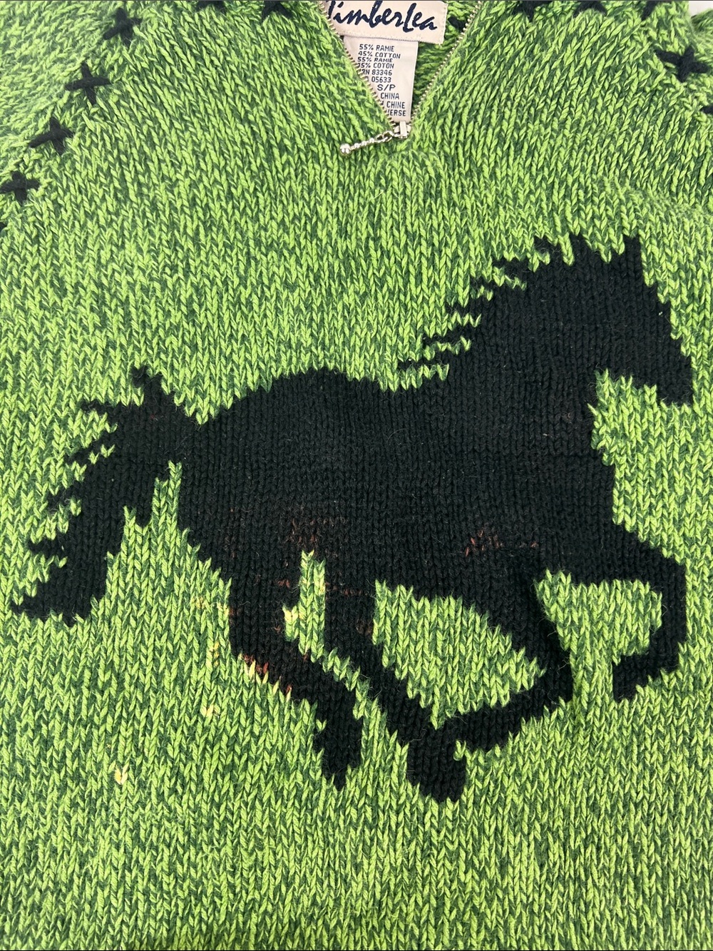 Timberlea Equestrian Horse Sweater Green Ramie/Cotton Qtr Zip Sz S - Picture 4 of 9